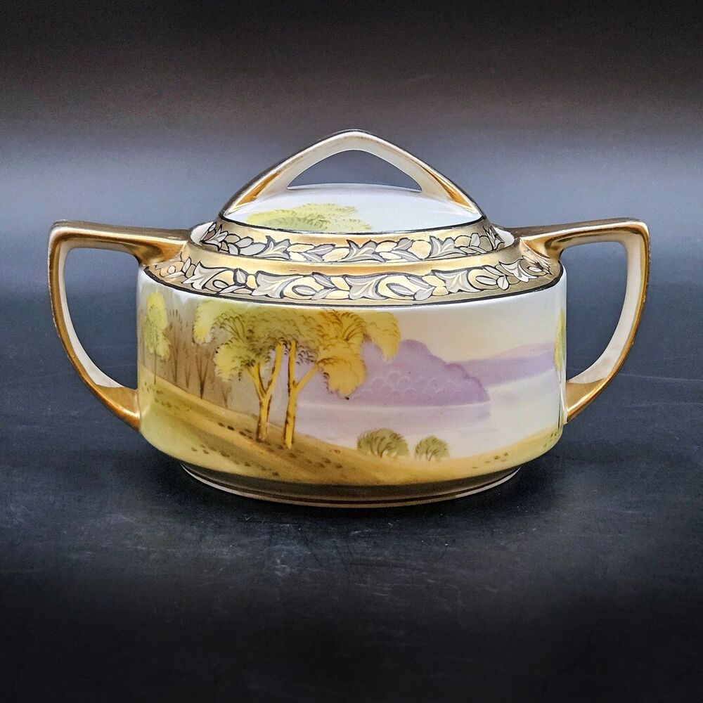 Nippon Hand-Painted Porcelain Sugar Bowl Scenic Landscape Gold Gilding Antique
